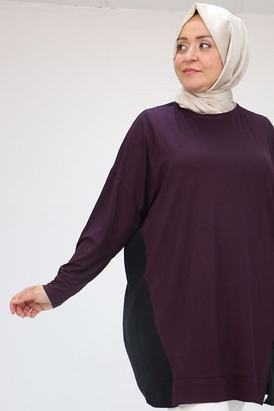 Eslina 58056 Large Size Combed Cotton Tunic with Solid Color Garnish on the Sides - Plum