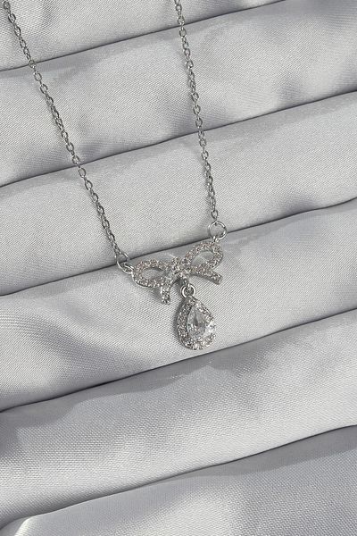 Skygo Drop Necklace - 316L Steel, Silver Color, Zircon Stone Bow Detail - TJ-BKO8922