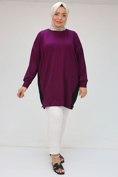 Eslina 58056 Large Size Combed Cotton Tunic with Solid Color Garnish on the Sides - Purple