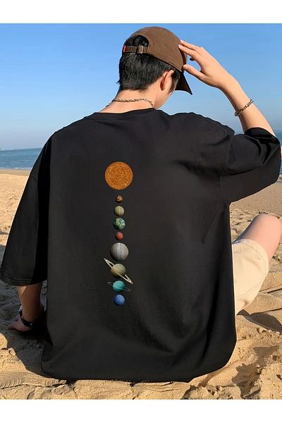 VBSVİBES Oversize Black Space Themed T-Shirt – Astronaut & Solar System Pattern