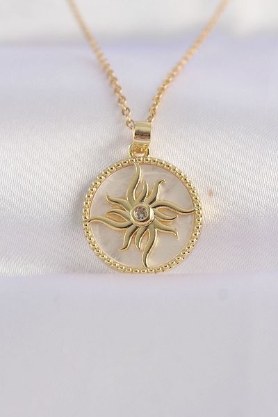 Skygo Gold Colored 316L Steel Zircon Stone Sun Pendant - Oval Design TJ-BKO8653