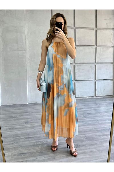 Coral Thin Strap Tie-Dye Patterned Dress Blue
