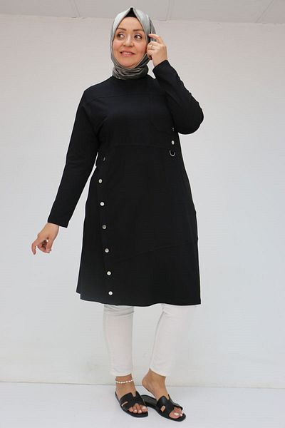 Eslina 58045 Large Size Combed Cotton Tunic with Fastening Button Detail - Black