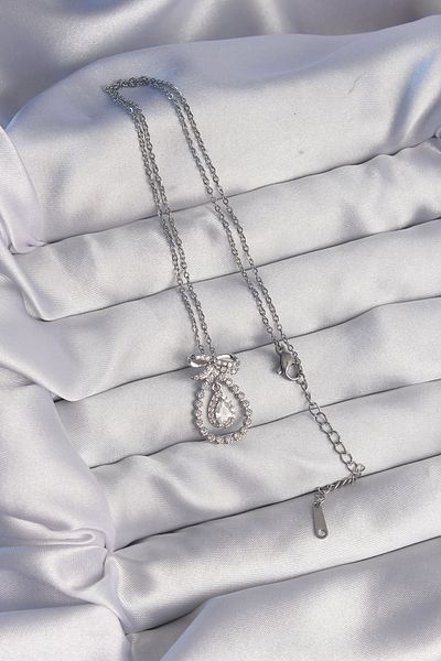 Skygo 316L Steel Silver Color Bow Detailed Zircon Stone Drop Model Necklace - Tj-Bko8930