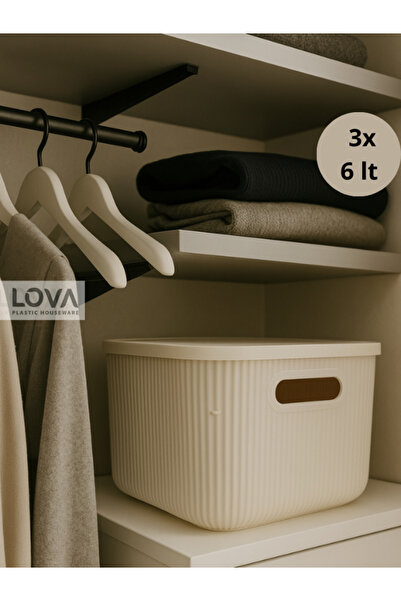 Lova 6 lt Shell Kapaklı Saklama Kutusu (3 adet) (Krem)