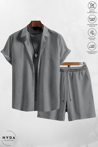 Nyda Collections Men's Crinkle Fabric Wrinkle Suit Summer Buttoned Short Sleeve Shirt and Lace up Shorts Suit with Pockets