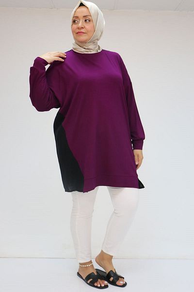 Eslina 58056 Large Size Combed Cotton Tunic with Solid Color Garnish on the Sides - Purple
