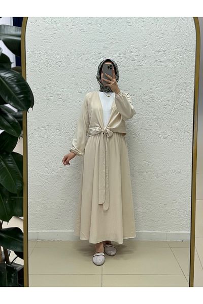 MİHRA STORE Nubola Tie Front Skirt Suit-As078 Stone