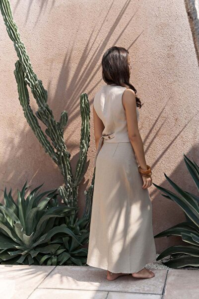 BOHEMAİ Elod Button Detail Beige Linen Vest