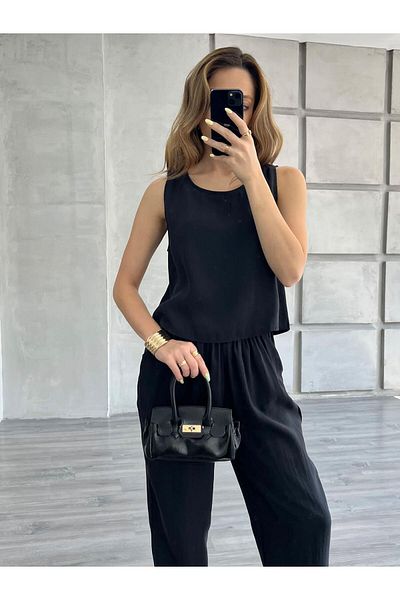 Coral Sleeveless Blouse Pants Set Black