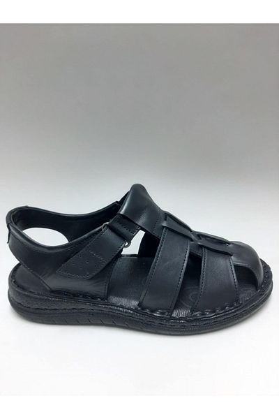 PEKER Genuine Leather Black Color Close-Toe Daily Comfortable Sole Men's Sandals