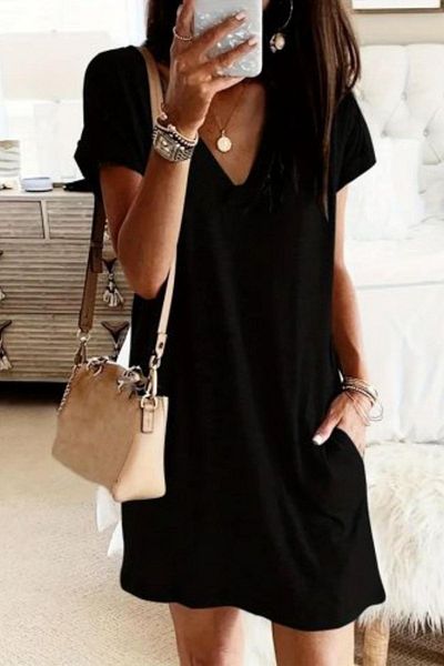 Mossta Short Sleeve Mini Viscose Dress with Pockets - Black