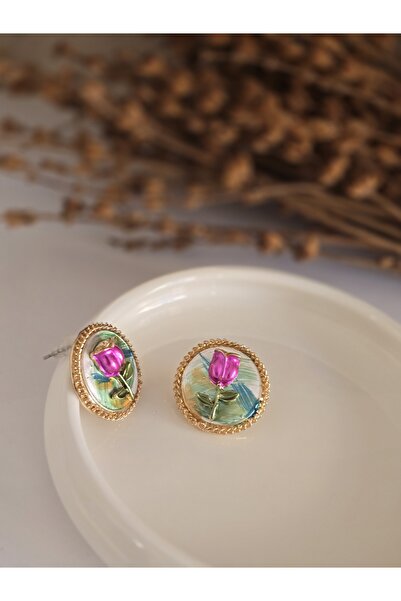 DEMİR ACCESORİES Kadın Mineli Vintage Gold Desenli Tasarım Küpe