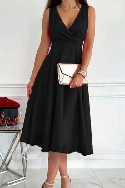Mossta Double Breasted Collar Skirt Flared Sleeveless Imported Crepe Dress - Black