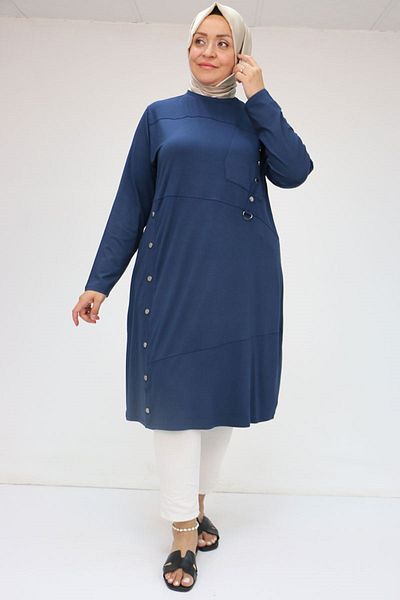 Eslina 58045 Large Size Combed Cotton Tunic with Fastening Button Detail - Navy Blue