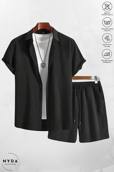 Nyda Collections Men's Crinkle Fabric Wrinkle Suit Summer Buttoned Short Sleeve Shirt and Lace up Shorts Suit with Pockets