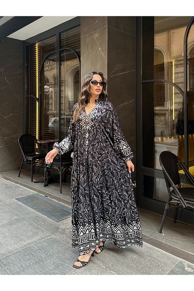 PİNK FLY 100% Viscose Bohemian Alaçatı Dress V-Neck Ethnic Patterned Viscose Dress Suitable for Hijab