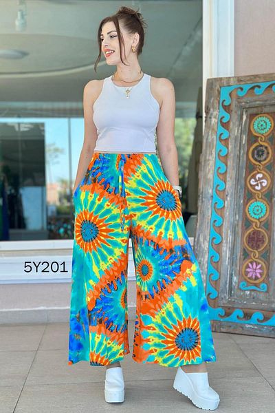 İnce Topuk Patterned Viscose Wide Leg Trousers 5Y201
