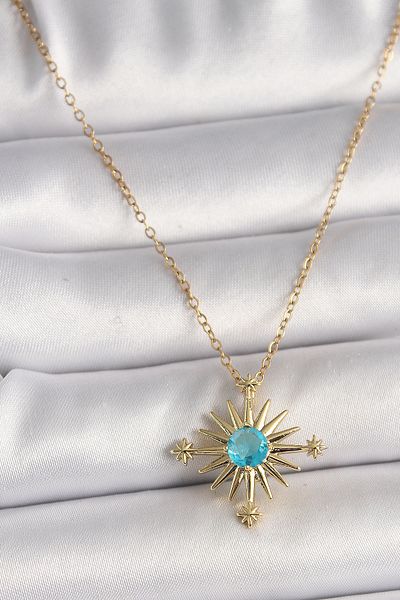 Skygo 316L Steel Gold Color Chain Blue Stone Detailed North Star Model Women's Necklace - Tj-Bko9806