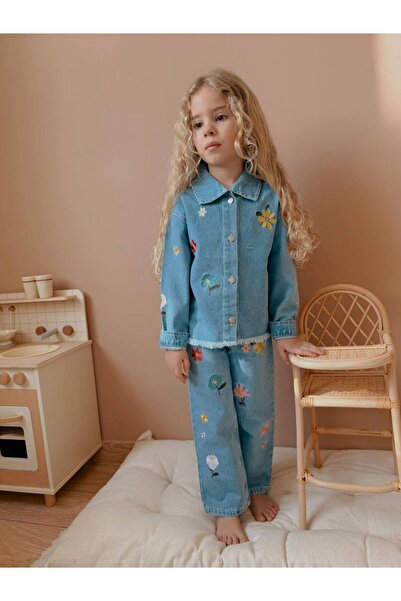 YİGİT BUTİK Yigit Boutique Floral Embroidered Denim Fabric Girl's Bottom Top Suit