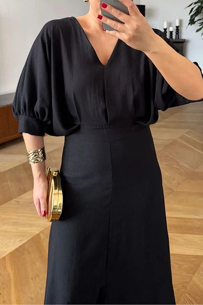 Neşeli Butik Black V-Neck Lycra Summer Dress Nbmy3579