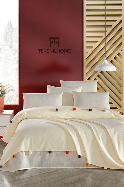 TeksNil Home 100% Cotton Cream Pompom Pique Set 3 Pieces (Pique, Sheet, Pillow Case)