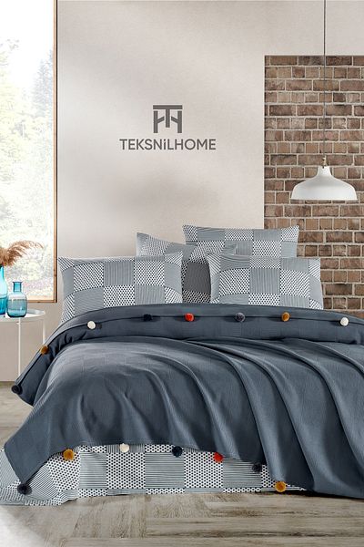 TeksNil Home 100% Cotton Anthracite Pompom Pique Set 3 Pieces (Pique, Sheet, Pillow Case)