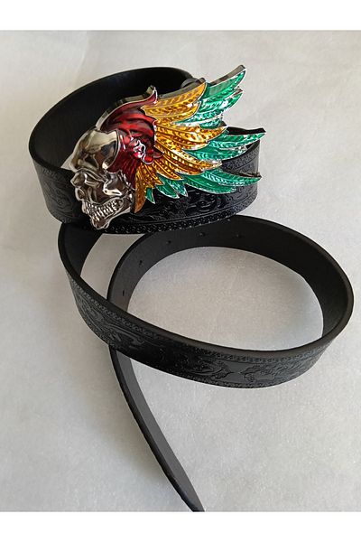 Butik Tülin Unisex Authentic Faux Leather Flower Print Black Silver Multicolor Enamel Haired Skull Cowboy Buckle Belt