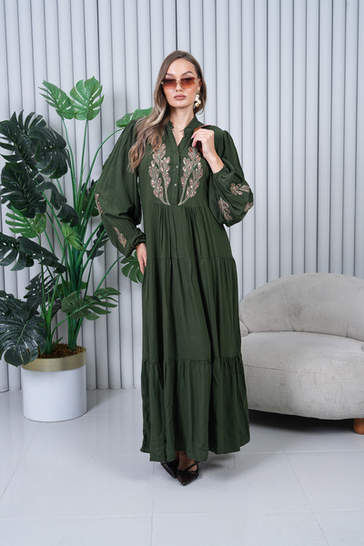 EL jadida Γυναικείο Κέντημα Κέντημα Μεγάλο Μέγεθος Χακί Φόρεμα Hijab