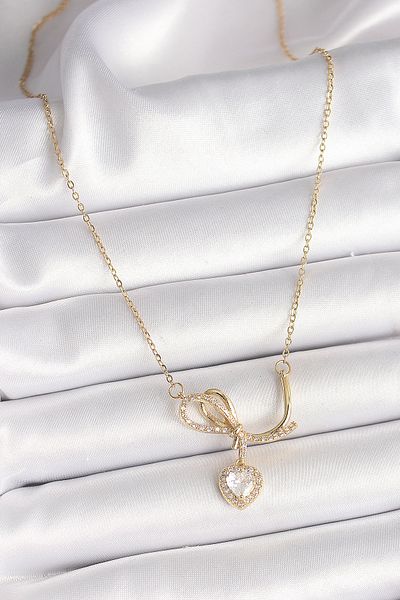 Skygo 316L Steel Gold Color Chain Zircon Stone Knot Dangle Heart Model Women's Necklace - Tj-Bko9857