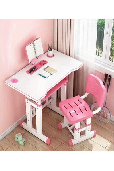 Un Adjustable height kids study table with comfortable chair, book holder, to motivate kids to study!