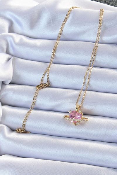 Skygo Saturn Look Pink Zircon Stone Heart Necklace - 316L Steel Chain Gold Color - Tj-Bko9220