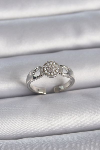 Skygo Women's Brass Silver Ring with Zirconia and Pearls - Adjustable Heart Embroidery Detail Tj-Byk3359