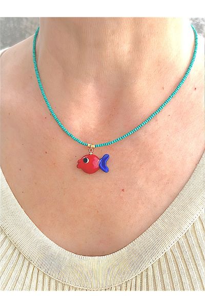 Quella Takı Lake Coating Turquoise Bead Fish Gold Necklaces