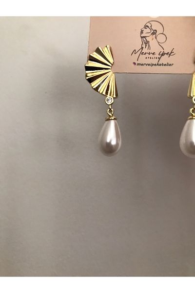 shop Gold Pearl Detail Fan Model Hanging Stainless Steel Shiny Earrings