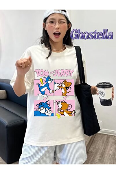 Minga London Tricou unisex supradimensionat cu imprimeu alb pisică și șoarece...