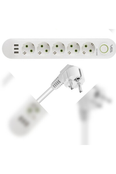 abnturk 5 Girişli 1.5 Metre Kablolu 3 Usb'li Akım Korumalı Priz 3000W 3 Amper...