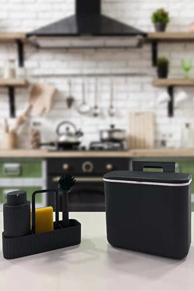 UFİX 2'li Bulaşık Fırçalık Ve 8 Lt Mutfak Tezgah Üstü Ve Dolap Askılı Çöp Kovası Beyaz Mutfak Seti Siyah