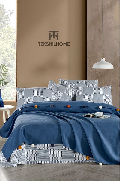TeksNil Home 100% Cotton Indigo Pompom Pique Set 3 Pieces (Pique, Sheet, Pillow Case)