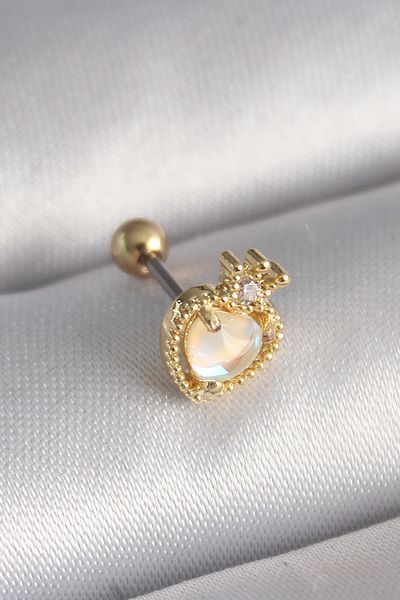 Skygo 316L Steel Gold Color White Enameled Heart Zircon Stone Detailed Crown Tragus Piercing - Tj-Pr1262