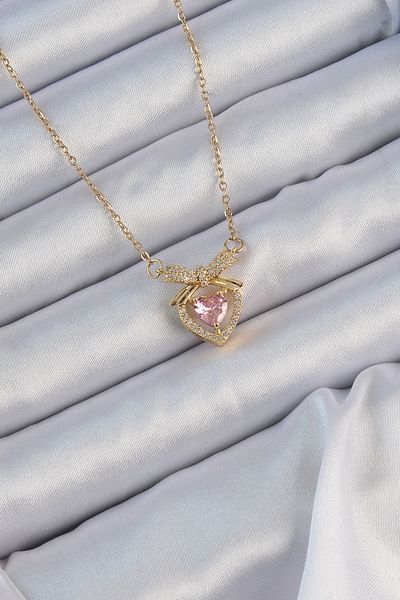 Skygo 316L Steel Chain Gold Color Pink Zircon Stone Heart Necklace with Bow - Tj-Bko9173
