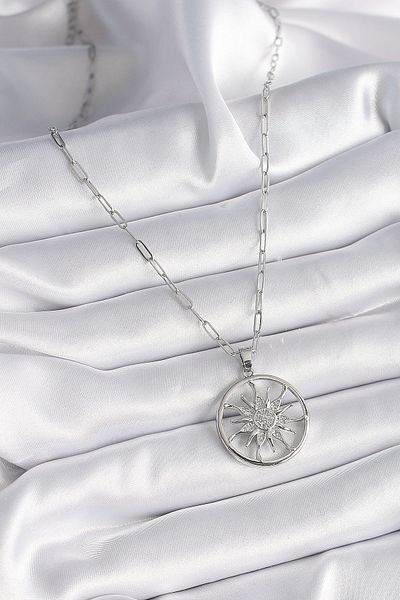 Skygo 316L Silver Sun Locket Model Women's Necklace with Zirconia - Tj-Bko9529