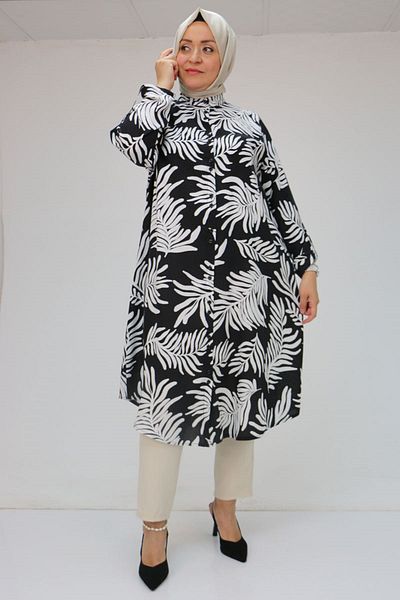 Eslina 58089 Large Size Dominant Collar Double Button Patterned Viscose Shirt - Palm D.Black