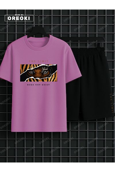 EFFRENATU No Border Tiger Printed Cotton Men's Pink T-Shirt-Black Shorts Set
