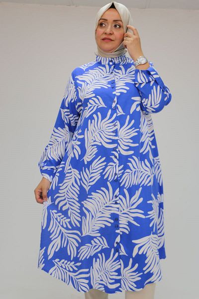 Eslina 58089 Large Size Dominant Collar Double Button Patterned Viscose Shirt - Palm D. Saks