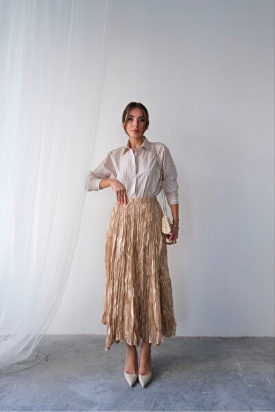 PİNK FLY Women's Beige Imported Pleated Shiny Satin Crashed Bohemian Maxi Skirt High Waist Stylish and Comfortable Design