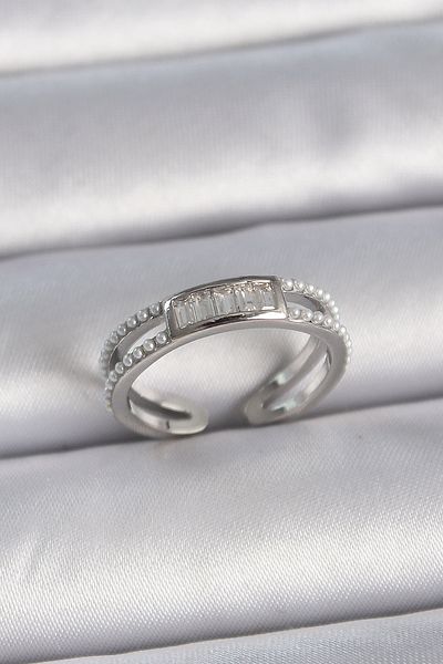 Skygo Brass Silver Color Adjustable Row Pearl Zircon Stone Women's Ring - Tj-Byk3381