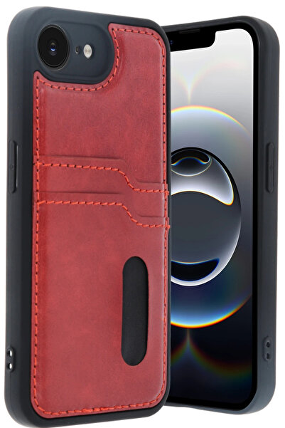NewFace iPhone 16E Case Sara Leather Case with Business Card - Red Bstmy