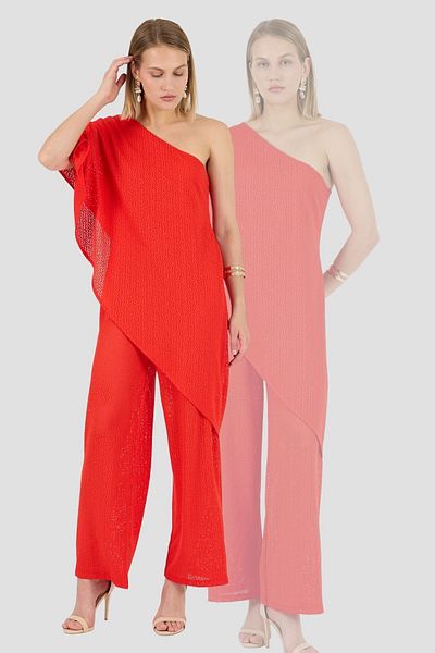 Laranor Red One Shoulder Flywheel Fragmented Jacquard Knitted Fabric Jumpsuit Day Night Elegance