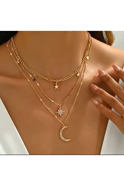 SNGL ACCESSORİES Yıldız ve Ay Figürlü 3 Katmanlı Altın Renk Kolye Seti – Işıltılı Zarafet